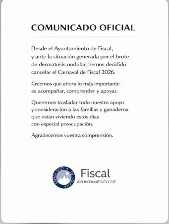 Imagen CANCELACIÓN DEL CARNAVAL DE FISCAL 2026
